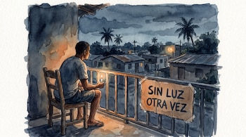 Ilustración en acuarela de un hombre sentado en un balcón con una vela en la mano y un cartel con la frase SIN LUZ OTRA VEZ.