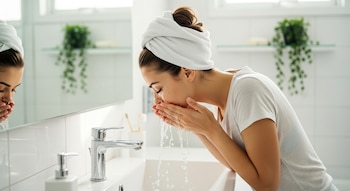 Mujer joven con toalla blanca en la cabeza se lava la cara en un lavabo blanco, salpicando agua. El baño moderno es luminoso, con espejo y plantas.