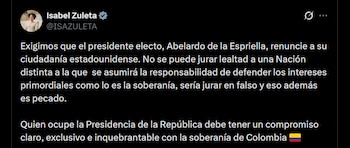 Isabel Zuleta respaldó el cuestionamiento a Abelardo de la Espriella y exigió que renuncie a su ciudadanía estadounidense para asumir la Presidencia de Colombia - crédito X