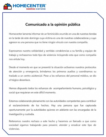 Homecenter expresó sus condolencias, rechazó el crimen y aseguró que brinda acompañamiento a la familia mientras colabora con las autoridades. - crédito Homecenter