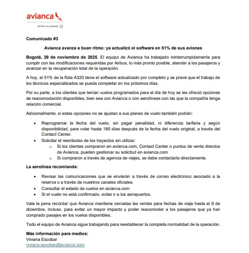 La suspensión operativa de parte de la flota Airbus A320 de Avianca genera ajustes logísticos en distintas rutas nacionales - crédito Avianca