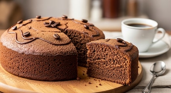 Bizcochuelo de chocolate, cacao en polvo, granos de café, porción de bizcochuelo, tabla de madera, taza blanca, café, cuchara plateada, mantel.