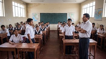 Un profesor de pie con los brazos cruzados junto a estudiantes con uniforme escolar en un salón de clases con mapas y pizarra.