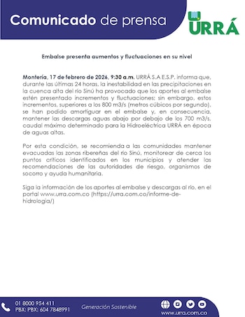 La hidroeléctrica Urrá monitorea el
