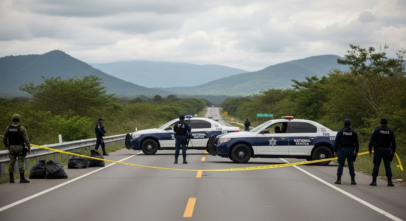 Elementos de la Guardia Nacional y la policía estatal acordonan un tramo de la carretera federal 150 en Veracruz tras el hallazgo de tres bolsas negras de plástico junto a la vía. (Imagen Ilustrativa Infobae)