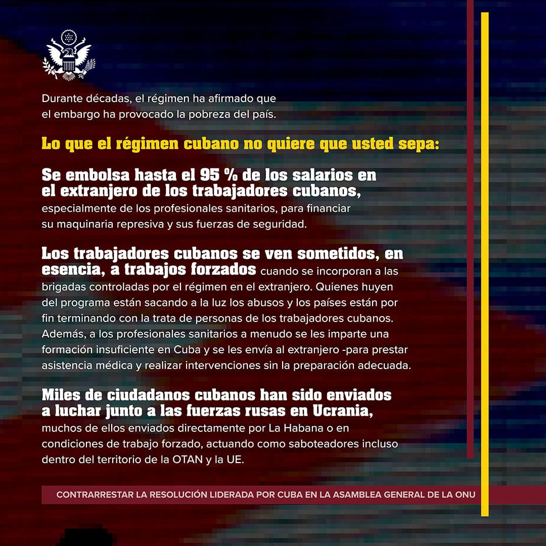 Departamento de Estado de Estados Unidos que detalla los argumentos de Washington para rechazar la resolución de Cuba en la Asamblea General de la ONU. ( Cortesía: @WHAAsstSecty).