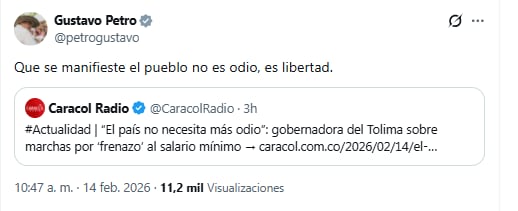 La respuesta de Petro a la gobenadora de Tolima - crédito @petrogustavo/X