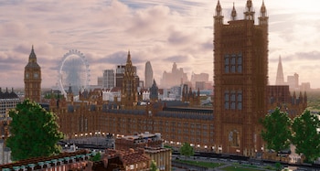 Construcción digital con bloques del Palacio de Westminster, el Big Ben y la noria London Eye bajo un cielo con nubes