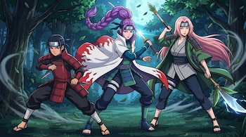 Tres figuras femeninas de estilo anime con atuendos ninja y armas en un bosque bajo la luz entre los árboles