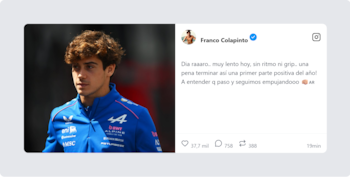 Captura de publicación en redes sociales. Muestra a Franco Colapinto en traje de piloto azul con logos, y el texto de su mensaje