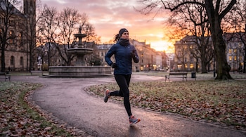 Mujer vestida con abrigo deportivo corriendo por un camino de parque rodeada de árboles sin hojas y una fuente al amanecer.