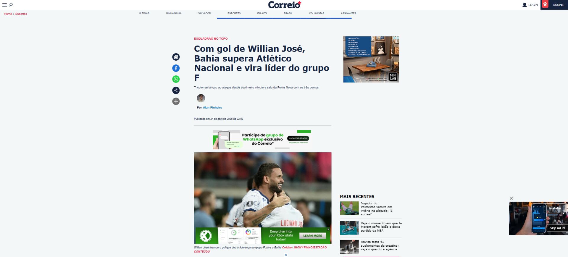 El diario local de Salvador de Bahía resaltó a Willian José de la siguiente forma - crédito Correio