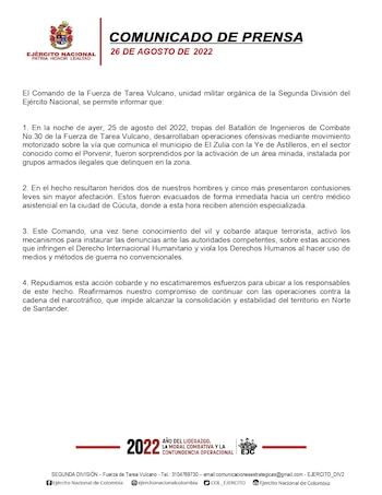 Comunicado ataque al ejército en