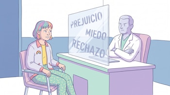 Una persona con pin de arcoíris sentada frente a un médico. Un panel de cristal con las palabras prejuicio, miedo, rechazo separa a ambos.
