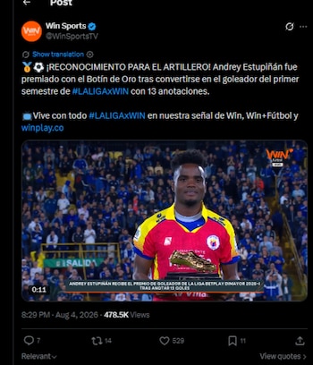 l delantero recibió el reconocimiento por ser el goleador de la Liga BetPlay con el Deportivo Pasto en el partido que se disputó en El Campín-crédito @WinSportsTV/X
