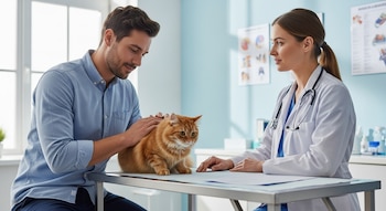 Un hombre acaricia a su gato pelirrojo sobre una mesa de examen en una clínica veterinaria, frente a una veterinaria sentada con bata blanca.