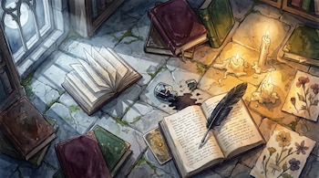 Suelo de piedra con libros, velas encendidas, cera, flores prensadas. Pluma, tintero roto y tinta derramada, carta de tarot. Ventana gótica con luna.