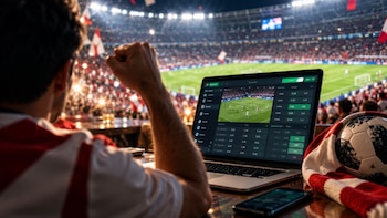 Una computadora portátil abierta con una plataforma de apuestas frente a un estadio de fútbol, junto a un teléfono móvil y un balón