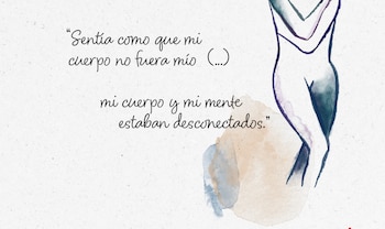 Ilustración con una frase entre comillas y el dibujo lineal de un cuerpo humano con manchas de acuarela sobre fondo claro
