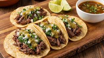Cuatro tacos de barbacoa con carne deshebrada, salsa verde, cilantro, cebolla picada y tortillas de maíz en una tabla de madera con limas y caldo.