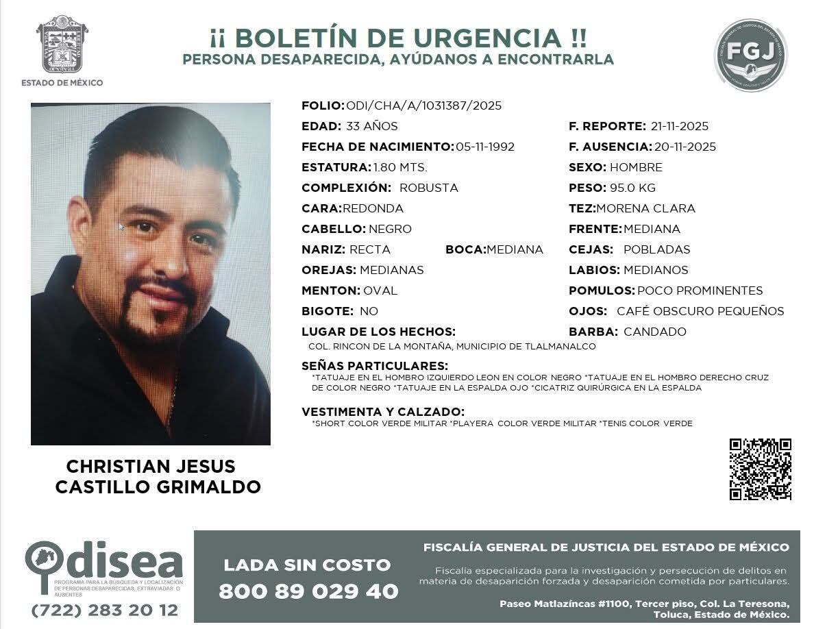 Ficha de búsqueda Christian Jesús “N” alias “Gimmy” y/o “Jimy” reportado como desaparecido 20 de noviembre, previo a que se informara su detención. (especial)