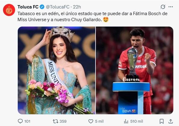Toluca felicitó a Fátima Bosch por su triunfo en Miss Universo 2025, celebrando el orgullo tabasqueño a partir de su conexión con Jesús Gallardo.
Crédito: X/ @TolucaFC