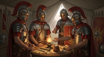 Cuatro legionarios con armadura y casco en una tienda; en una mesa hay una lámpara, pergaminos, monedas, una bolsa de sal y una mano con sal.