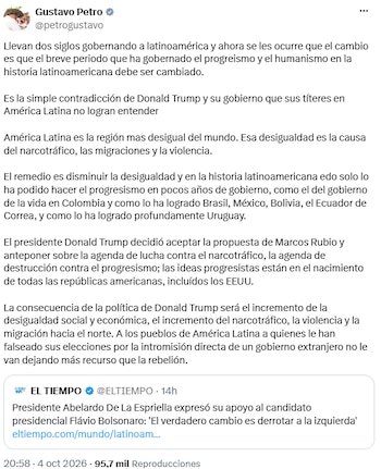 Gustavo Petro contestó a publicación de Abelardo de la Espriella - crédito @petrogustavo/X
