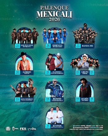 Cartel azul con fotos de artistas de música regional mexicana, fechas de presentaciones y logotipos institucionales en la base