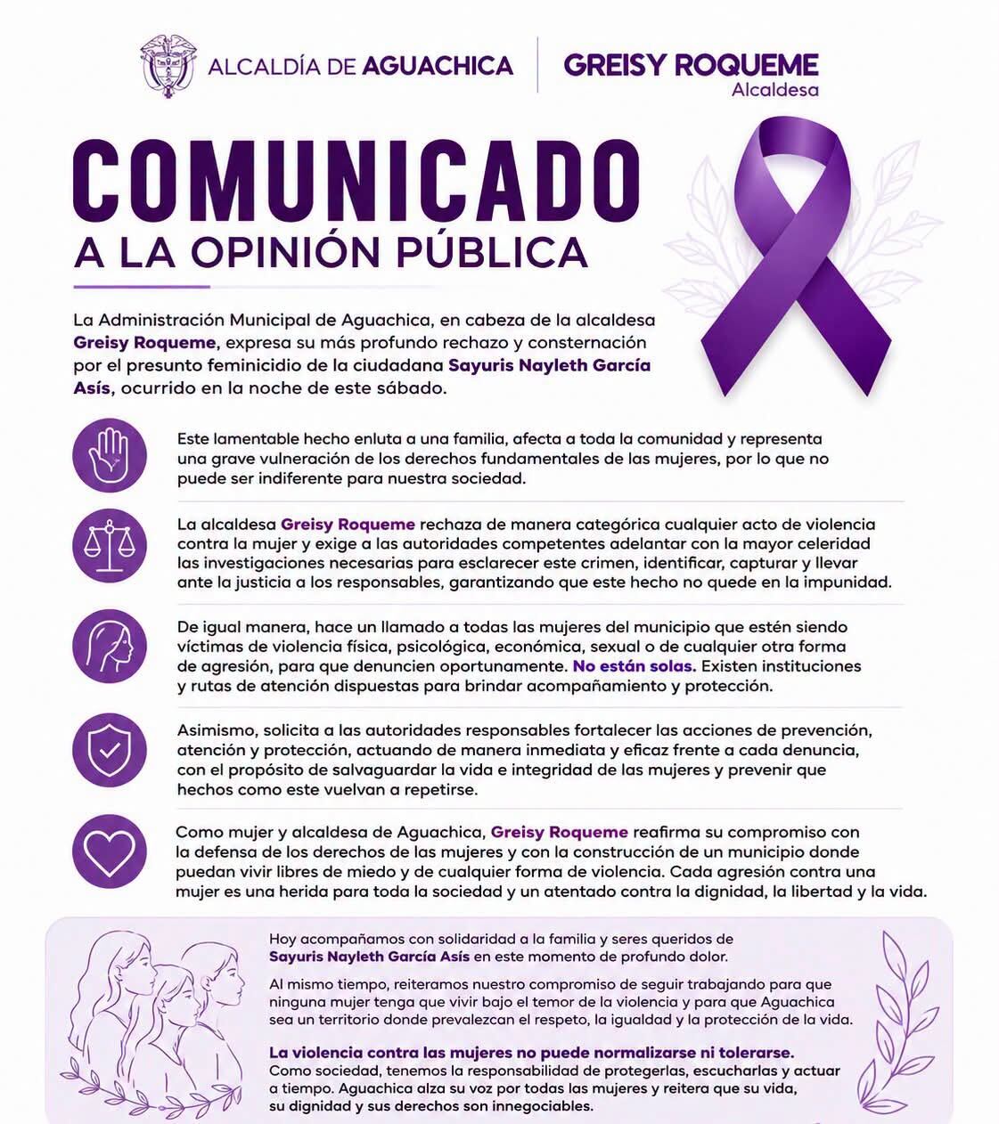 Las autoridades rechazaron el ataque y reafirmaron su compromiso con la protección de la vida, la dignidad y los derechos de las mujeres - crédito Alcaldía de Aguachica / Facebook