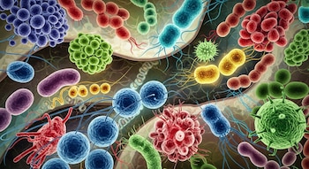 Ilustración digital de numerosas bacterias de diversas formas, colores y tamaños, como cocos, bacilos y espirilos, sobre un fondo biológico abstracto.