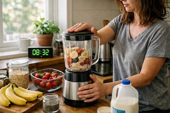 Mujer en una cocina con batidora llena de plátanos, fresas, moras y avena, envases de leche, avena y semillas, reloj digital que marca 08:32.