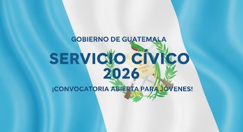 Bandera de Guatemala con el escudo nacional. Texto azul superpuesto: "GOBIERNO DE GUATEMALA SERVICIO CÍVICO 2026 ¡CONVOCATORIA ABIERTA PARA JÓVENES!".