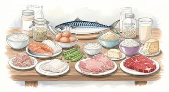 Una ilustración estilo acuarela muestra una mesa con diversos alimentos ricos en proteínas, incluyendo pescado, carne, huevos, lácteos, legumbres y suplementos.