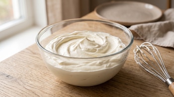 Un cuenco de vidrio transparente con crema batida, un batidor de alambre, un plato y un paño sobre una mesa de madera.