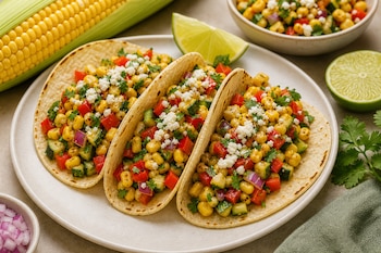 Tres tacos rellenos de elote, pimiento y queso en un plato blanco junto a una mazorca de maíz y rodajas de lima.