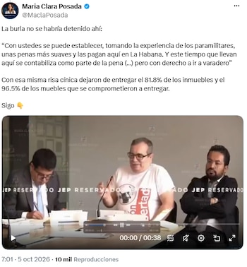 María Clara Posada criticó referencias de Timochenko a penas y a la JEP en La Habana - crédito @MaclaPosada/X