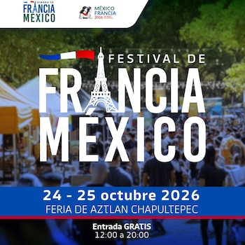 Cartel promocional sobre un fondo borroso con el texto Festival de Francia México, una Torre Eiffel ilustrada y datos sobre fechas y horario
