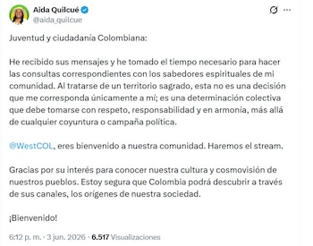 Aida Quilcué aceptó invitación de Westcol para participar de una charla con el 'streamer' - crédito @aida_quilcue/X