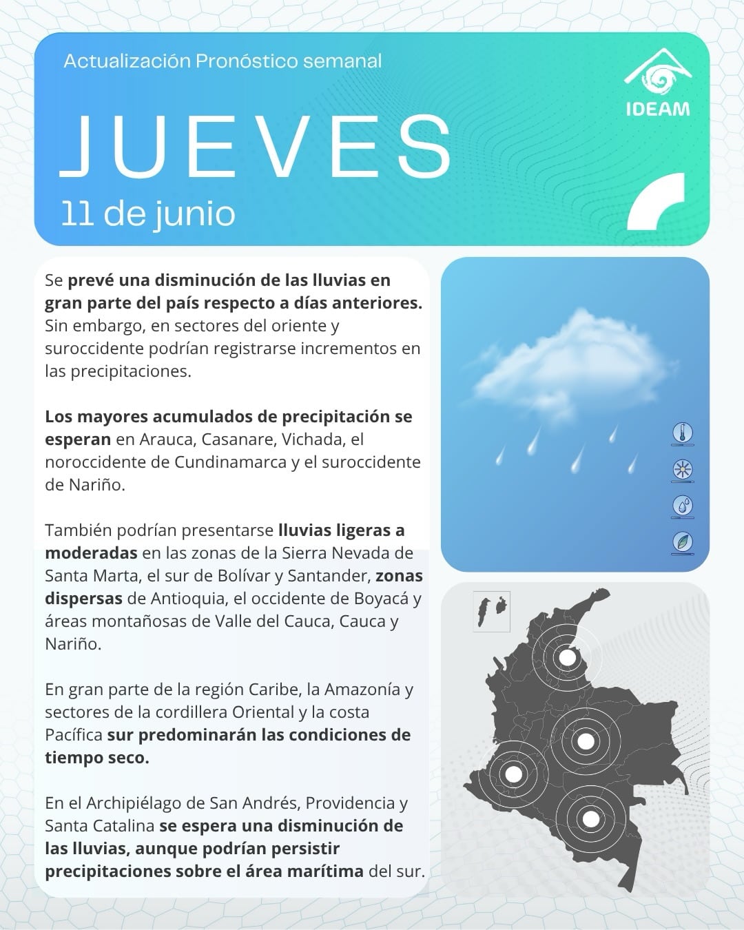 El 11 de junio registrará otra reducción de lluvias en gran parte de Colombia, con incrementos previstos en Arauca, Casanare, Vichada, Cundinamarca y Nariño - crédito @ideamcolombia/Instagram