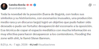 Sandra Borda señaló que la ausencia de la bancada izquierdista en la ceremonia de investidura es un símbolo poderoso - crédito @sandraborda/X
