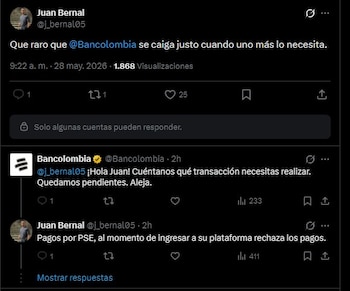 Usuarios reportan dificultades para transferencias, pagos y otras operaciones en canales digitales este 28 de mayo - crédito @j_bernal05/X