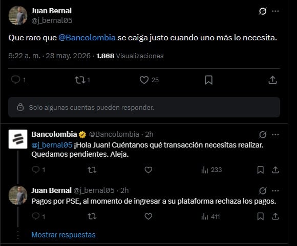 Usuarios reportan dificultades para transferencias, pagos y otras operaciones en canales digitales este 28 de mayo - crédito @j_bernal05/X