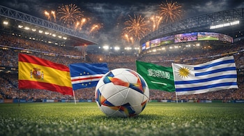 Banderas de España, Cabo Verde, Arabia Saudita y Uruguay con un balón de fútbol en el césped de un estadio abarrotado con fuegos artificiales.
