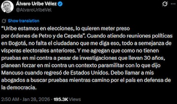 En su mensaje, Uribe aseguró
