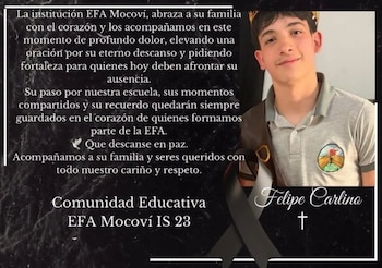 La comunidad educativa de la EFA Mocoví expresó sus condolencias y recordó a Felipe como un alumno destacado dentro de la institución