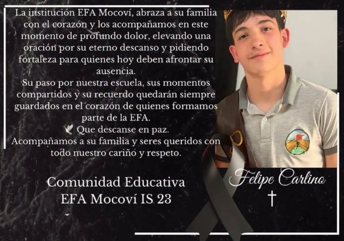 La comunidad educativa de la EFA Mocoví expresó sus condolencias y recordó a Felipe como un alumno destacado dentro de la institución