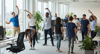 Un grupo diverso de empleados realiza estiramientos o movimientos ligeros durante una pausa activa en una oficina moderna y luminosa con grandes ventanales y plantas.