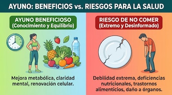 Infografía sobre Ayuno: Beneficios vs. Riesgos para la Salud. Muestra una mujer sana con frutas, un reloj; y un plato roto con un hombre débil, representando los efectos.