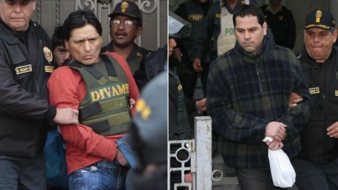Los acusados David Sánchez-Manrique 'Loco David' y José Luis Roque Alejos 'Cholo Payet' son escoltados por agentes de la Policía Nacional del Perú, implicados en el caso de la muerte de Walter Oyarce Domínguez. (Andina)